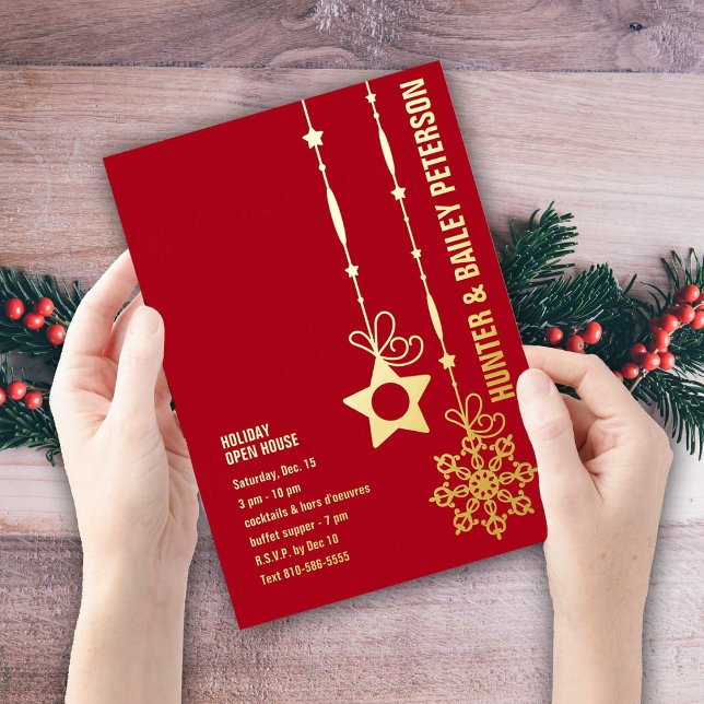 Invitación Con Relieve Metalizado Navidades Holiday Open House Fiesta Gold (Festive Gold Foil Invitation for your Holiday Open House.  Available in four colors.)