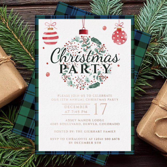 Invitación Con Relieve Metalizado Navidades Lucrativos Fiesta Campbell Tartan Rosa G (Plaid Christmas Party Rustic Campbell Tartan Rose Gold Foil Invitation)