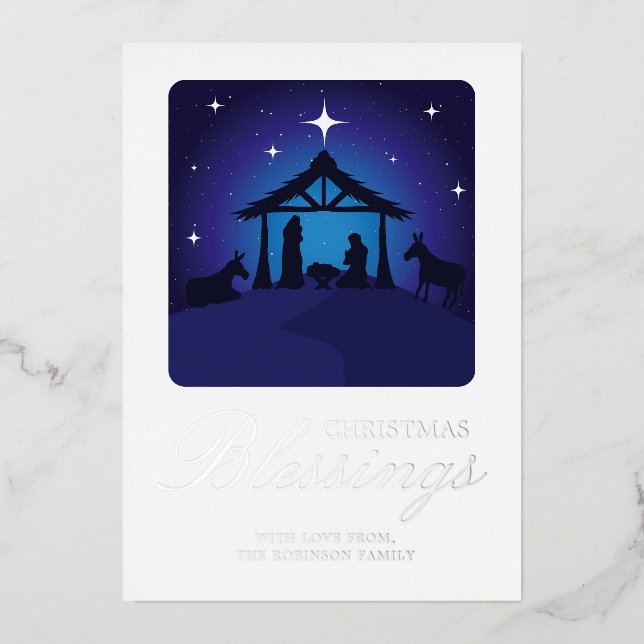 Invitación Con Relieve Metalizado Navidades Natividad Escena Bendición Cristiana (Anverso)