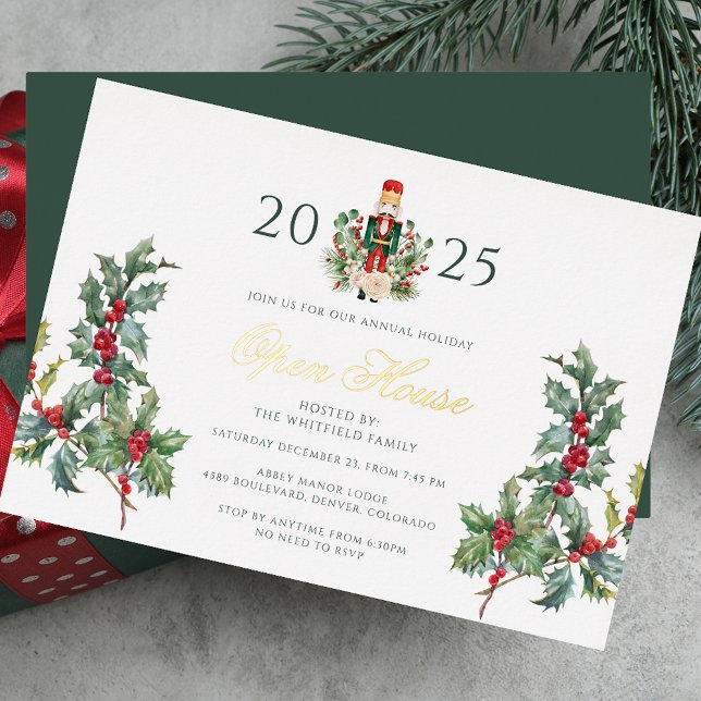 Invitación Con Relieve Metalizado Navidades Nutcracker Open House Holiday Gold (Christmas Nutcracker Open House Holiday Gold Foil Invitation)