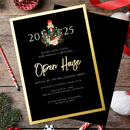 Invitación Con Relieve Metalizado Navidades Nutcracker Open House Script Gold