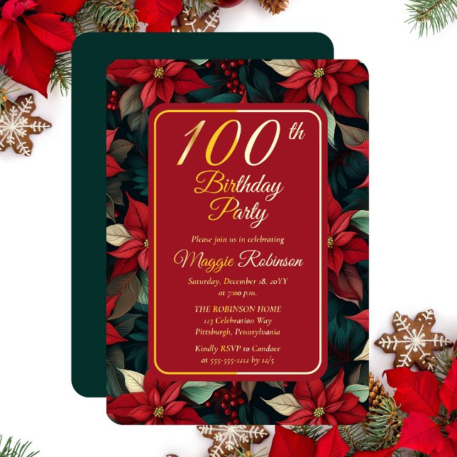 Invitación Con Relieve Metalizado Navidades oscuros feriado fiesta de cumpleaños núm (Elegant Dark and Moody Poinsettias Christmas and Holiday 100th Birthday Party Gold Foil Invitation)