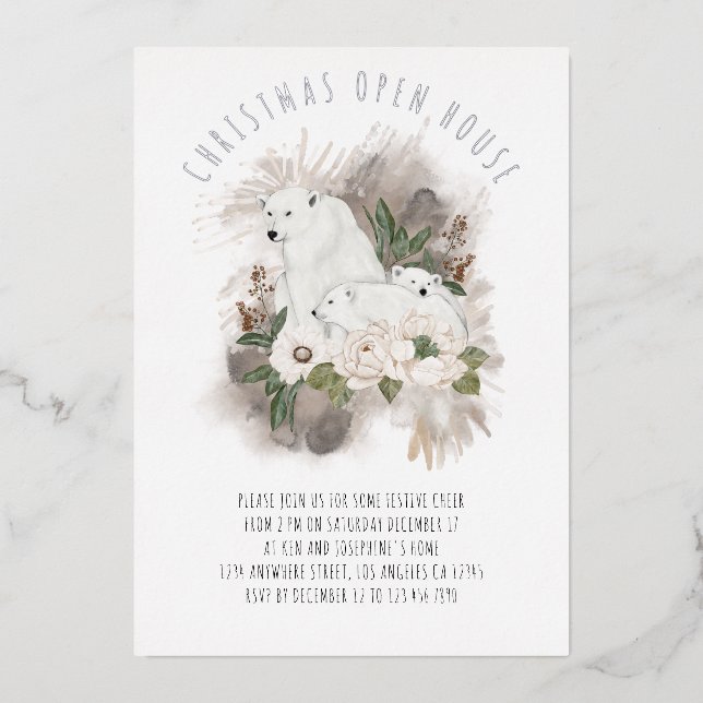 Invitación Con Relieve Metalizado Navidades Polar Bears Open House Luxury Real Relie (Anverso)