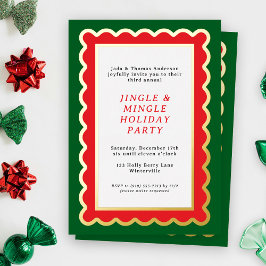 Invitación Con Relieve Metalizado Navidades Preppy Red y Green Simple Scalloped