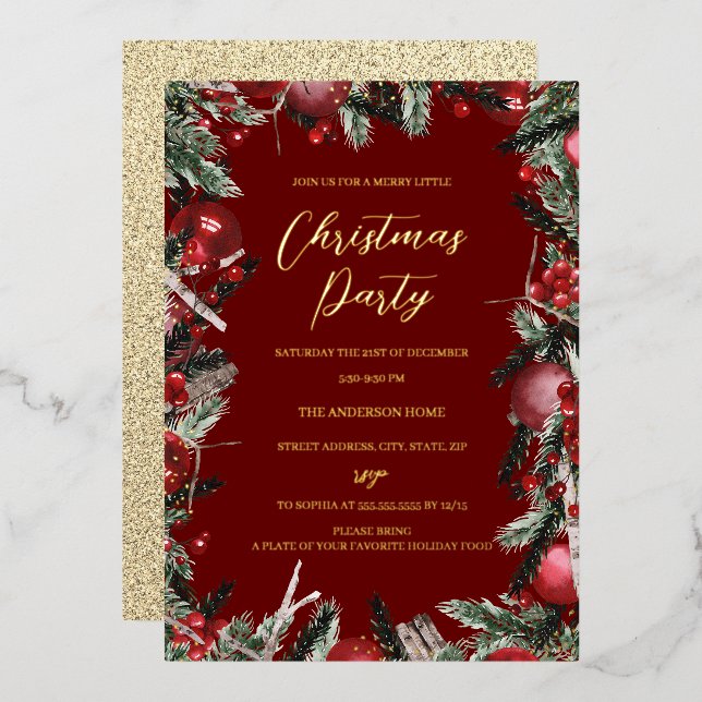 Invitación Con Relieve Metalizado Navidades Red Gold Festiage Foliage Wreath Fiesta (Anverso/Reverso)