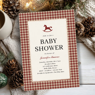Invitación Con Relieve Metalizado Navidades Red Plaid Rocking Horse Baby Shower