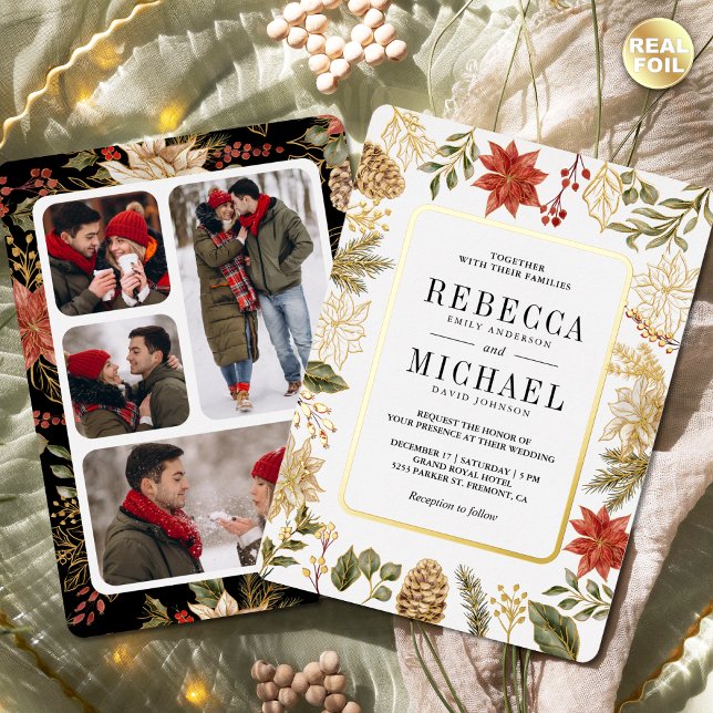 Invitación Con Relieve Metalizado Navidades rojos Collage de fotos floral Boda oro (Subido por el creador)