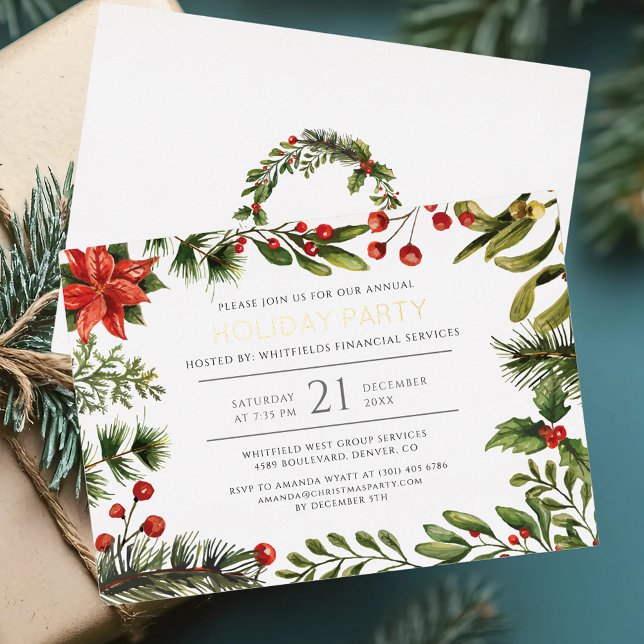 Invitación Con Relieve Metalizado Navidades Vacaciones Office Fiesta Gold (Christmas Party Botanical Red Berries Gold Foil Invitation)