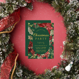 Invitación Con Relieve Metalizado Navideño Verde Floral Navidad Fiesta Dorado