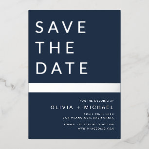 Invitación Con Relieve Metalizado Navy Azul Plata Raya Guardar la Fecha Elegante 