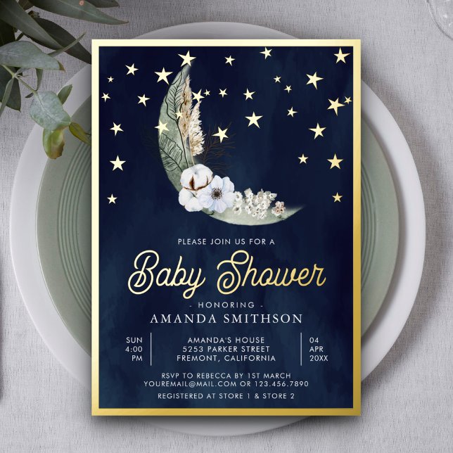 Invitación Con Relieve Metalizado Navy Blue Boho Floral Moon Stars Baby Shower Gold (Subido por el creador)