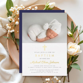 Invitación Con Relieve Metalizado Navy Blue Cross Boy Foto Bautismo Oro