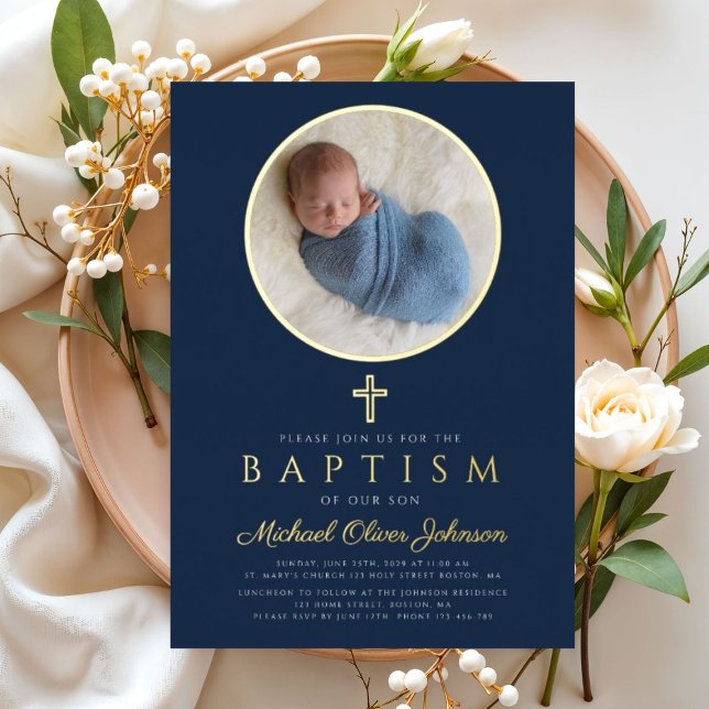 Invitación Con Relieve Metalizado Navy Blue Cross Boy Foto Bautismo Oro (Navy Blue Religious Cross Boy Photo Baptism Gold Foil Invitation)