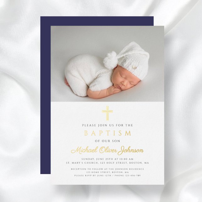 Invitación Con Relieve Metalizado Navy Blue Cross Boy Foto Bautismo Oro (Navy Blue Cross Boy Photo Baptism Gold Foil Invitation)