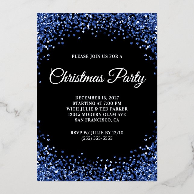 Invitación Con Relieve Metalizado Navy Blue Glitter Border Black Christmas Party (Anverso)