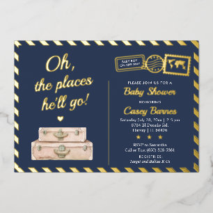 Invitación Con Relieve Metalizado Navy Blue Gold Adventure Travel Baby Boy Shower
