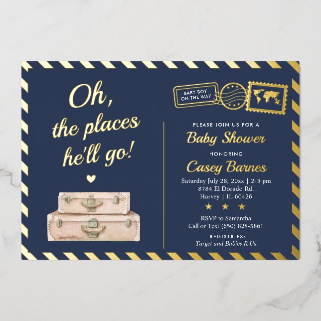 Invitación Con Relieve Metalizado Navy Blue Gold Adventure Travel Baby Boy Shower (Anverso)
