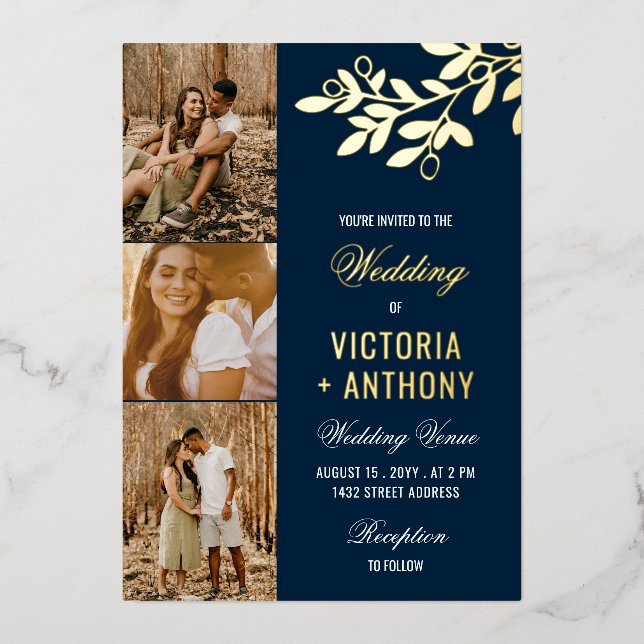 Invitación Con Relieve Metalizado Navy Blue Gold Berry Twig 3 Fotos Boda (Anverso)