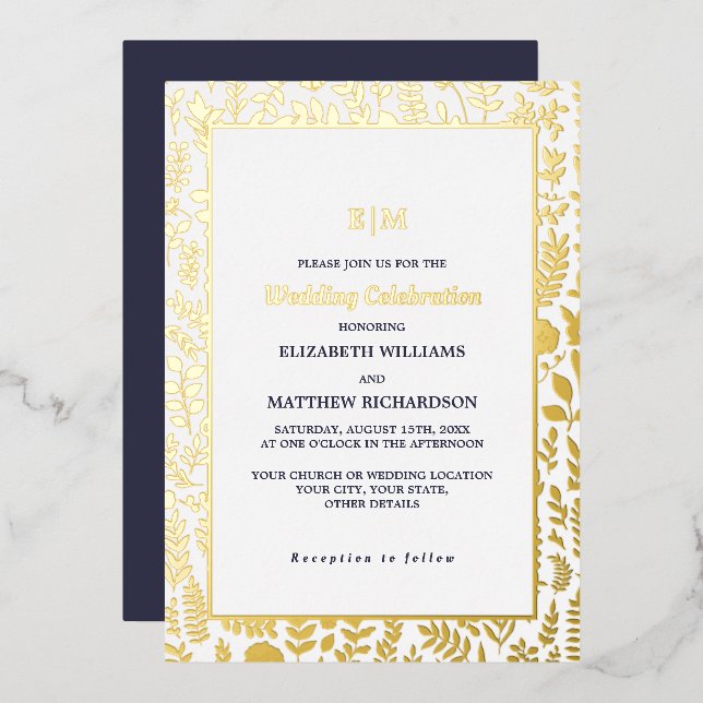 Invitación Con Relieve Metalizado Navy Blue Gold Elegant Boda de lujo (Anverso/Reverso)