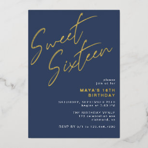 Invitación Con Relieve Metalizado Navy Blue & Gold Sweet Dieciséis cumpleaños 16 de