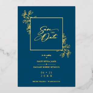 Invitación Con Relieve Metalizado Navy Blue Golden Branches Frame Photo
