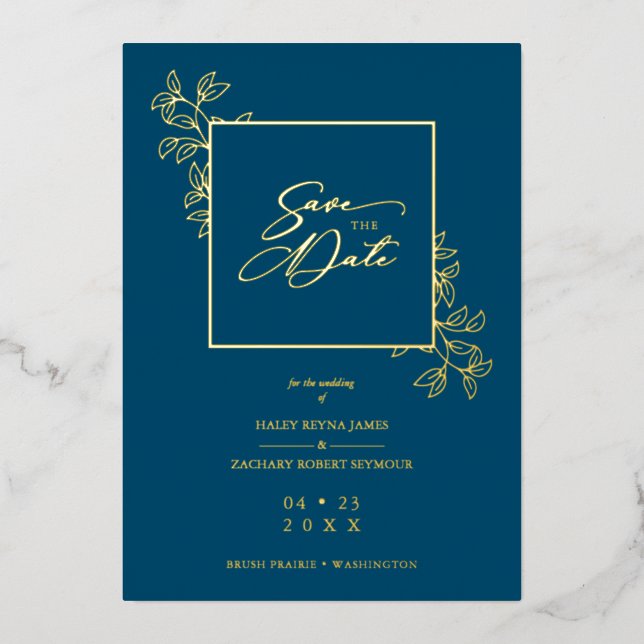 Invitación Con Relieve Metalizado Navy Blue Golden Branches Frame Photo (Anverso)