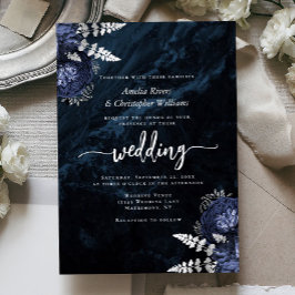Invitación Con Relieve Metalizado Navy Blue Silver Floral Elegant Wedding