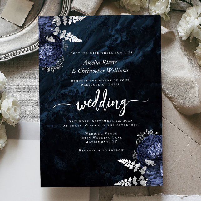 Invitación Con Relieve Metalizado Navy Blue Silver Floral Elegant Wedding (Subido por el creador)