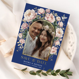 Invitación Con Relieve Metalizado Navy Blush Chinoiserie Flores Foto Guardar la Fech