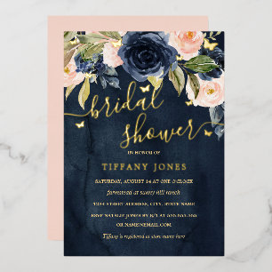Invitación Con Relieve Metalizado Navy Blush Gold Butterfly Bridal Shower