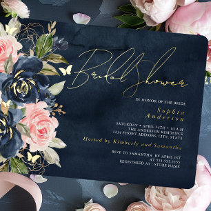 Invitación Con Relieve Metalizado Navy Blush Gold Butterfly Bridal Shower