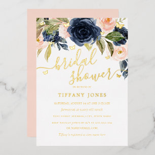 Invitación Con Relieve Metalizado Navy Blush Gold Butterfly Floral Bridal Shower
