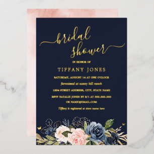 Invitación Con Relieve Metalizado Navy Blush Rosa Floral Mariposa Ducha Nupcial