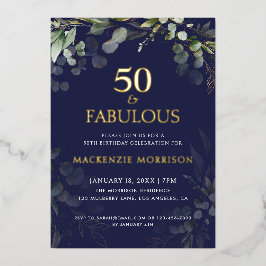 Invitación Con Relieve Metalizado Navy Botanical Fifty and Fabulous Birthday Party