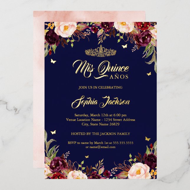 Invitación Con Relieve Metalizado Navy Burgundy Mis Quince Floral Quinceanera (Anverso/Reverso)