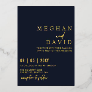 Invitación Con Relieve Metalizado Navy Elegant Boda sencillo manuscrito  