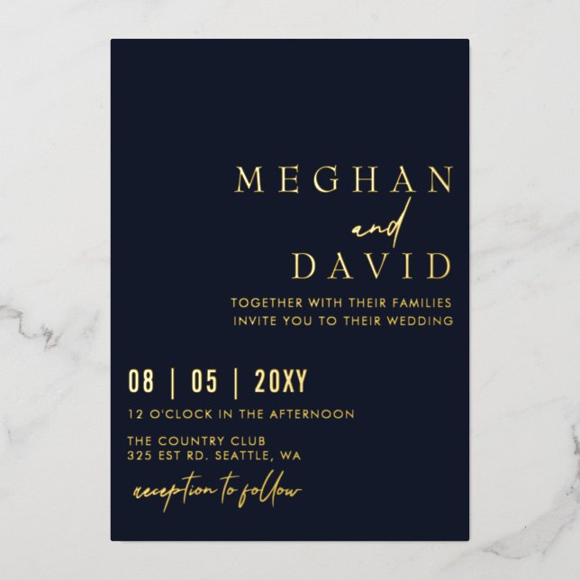 Invitación Con Relieve Metalizado Navy Elegant Boda sencillo manuscrito (Anverso)