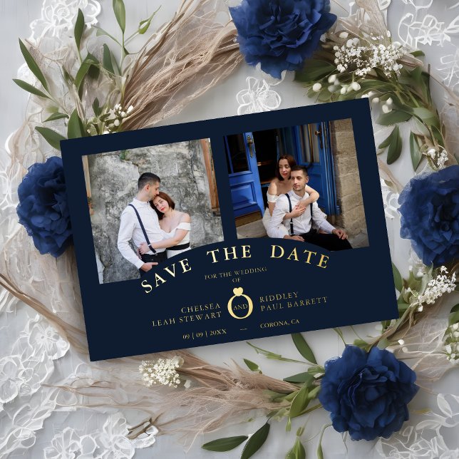 Invitación Con Relieve Metalizado Navy Elegant Gold 2 Photos Sophisticated Wedding (Navy Elegant Gold 2 Photos Sophisticated Wedding Real Metallic Foil Save the Card with Envelope. )