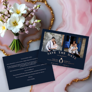 Invitación Con Relieve Metalizado Navy Elegant Rose Gold 2 Photos Sophisticated 