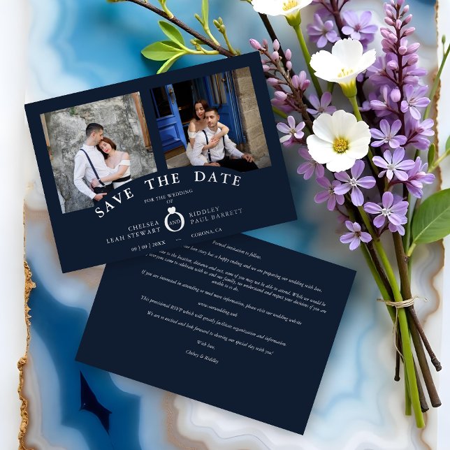 Invitación Con Relieve Metalizado Navy Elegant Silver 2 Photos Sophisticated Wedding (Navy Elegant Silver 2 Photos Sophisticated Wedding Real Metallic Foil Save the Cards.)