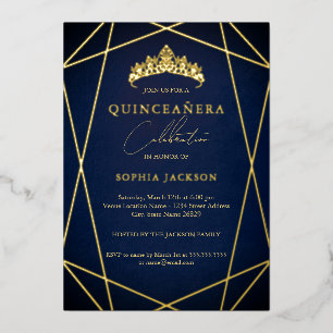 Invitación Con Relieve Metalizado Navy Geométrica Gold Elegante Quinceanera