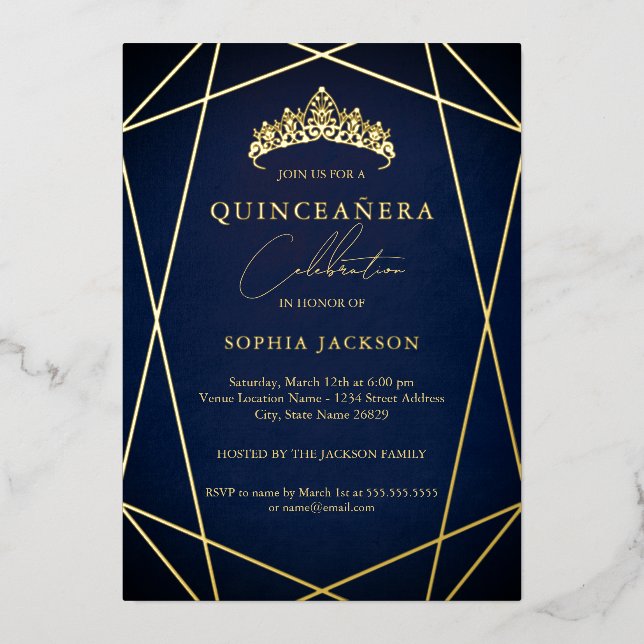 Invitación Con Relieve Metalizado Navy Geométrica Gold Elegante Quinceanera (Anverso)