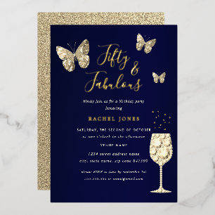 Invitación Con Relieve Metalizado Navy Gold Champagne 50 y Cumpleaños Fabuoloso