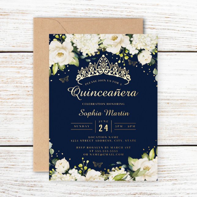 Invitación Con Relieve Metalizado Navy Gold Champagne Floral Quinceanera (Subido por el creador)
