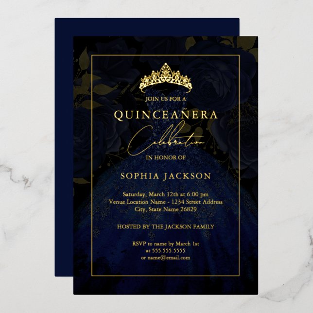 Invitación Con Relieve Metalizado Navy Gold Elegant Vestido Rosa Quinceanera (Anverso/Reverso)