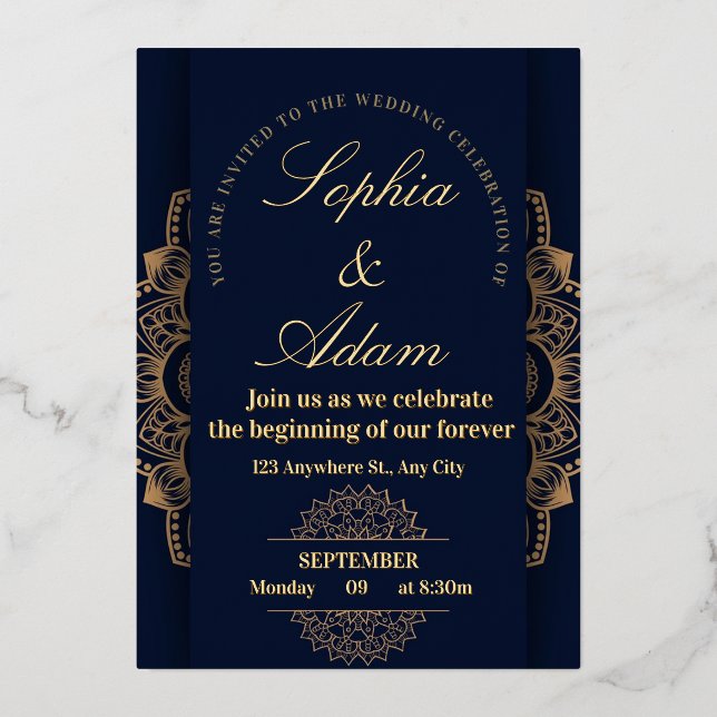 Invitación Con Relieve Metalizado Navy & Gold Mandala Invitation (Anverso)