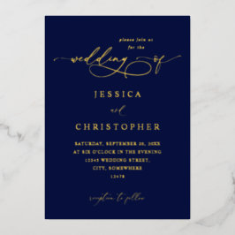 Invitación Con Relieve Metalizado Navy & Gold Modern Caligraphy 3 Boda