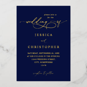 Invitación Con Relieve Metalizado Navy & Gold Modern Caligraphy 3 Boda