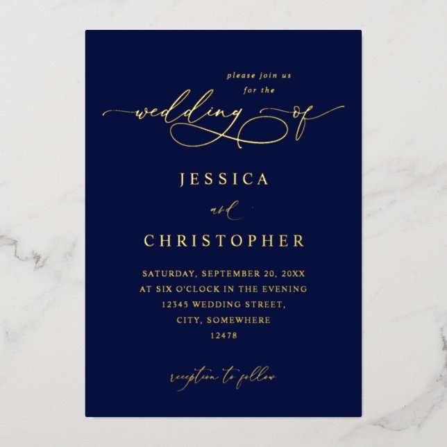 Invitación Con Relieve Metalizado Navy & Gold Modern Caligraphy 3 Boda (Anverso)
