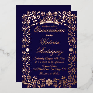 Invitación Con Relieve Metalizado Navy Gold Quinceañera Floral Elegante 